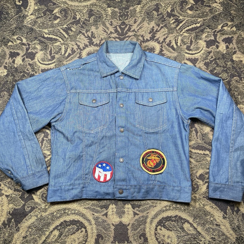 Vtg 80s Marine Corps Shooting Team Denim Button Jacket Mens Size Small Boxy Flaw